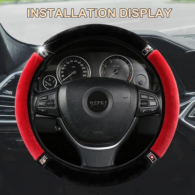 Diamond Fluffy Steering Wheel Cover with Sparkly Crystal Rhinestones, Universal 15 Inch Car Elastic Steering Wheel Protector for Women Girls (Red)