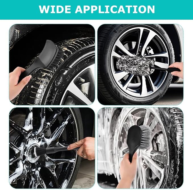 9PCS Car Wheel Cleaning Pro Kit, Tire Brush, Detailing Brush Set, Soft-bristled Rims Brush, Microfiber Flat Wheel Brushes, Double-Ended Detailing Brushes, Detailing Pads, Scratch-Free & Multipurpose