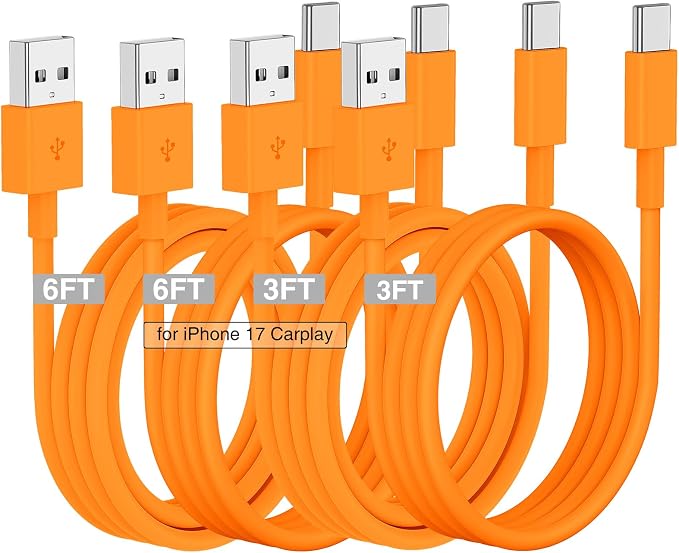 Car Carplay Cable for iPhone 17 16 15 Charger Cord,3/3/6/6FT USB A to USB C Cable for iPhone 17 Pro Max/16 Pro/15 Plus Charger,USB C Car Charger for Apple 17 Air/16 Pro Max/16e/15/iPad Pro-Orange