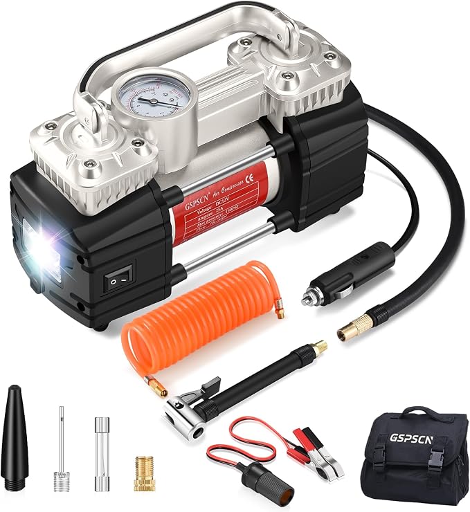 Heavy Duty Tire Inflator 12V Portable Air Compressor Pump 150PSI | 6X Faster Inflation Dual Cylinder Metal Air Pump with Led Light for Car, RV,Pickup Truck, SUV, Van,Camper, Air Bed,Balls