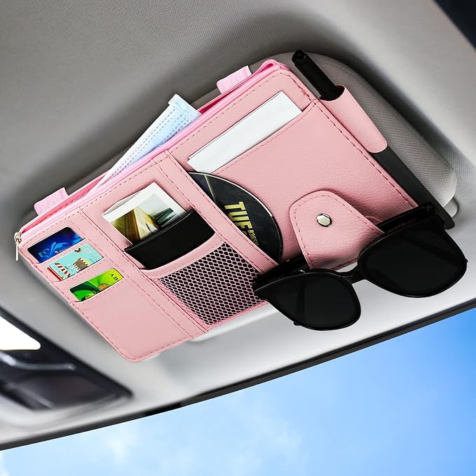 Car Sun Visor Organizer, Leather Pocket Organizer Sunglass Holder for Car Interior Accessories with Multi-Pocket Net Zipper, Pink