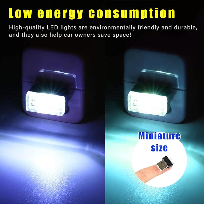 4 PCS USB LED Car Interior Atmosphere Lamp, Plug-in USB Decor Night Light, Portable Auto Ambient Lighting Kit, Universal Vehicle Interior Accessories for Most Cars (White & Ice Blue)