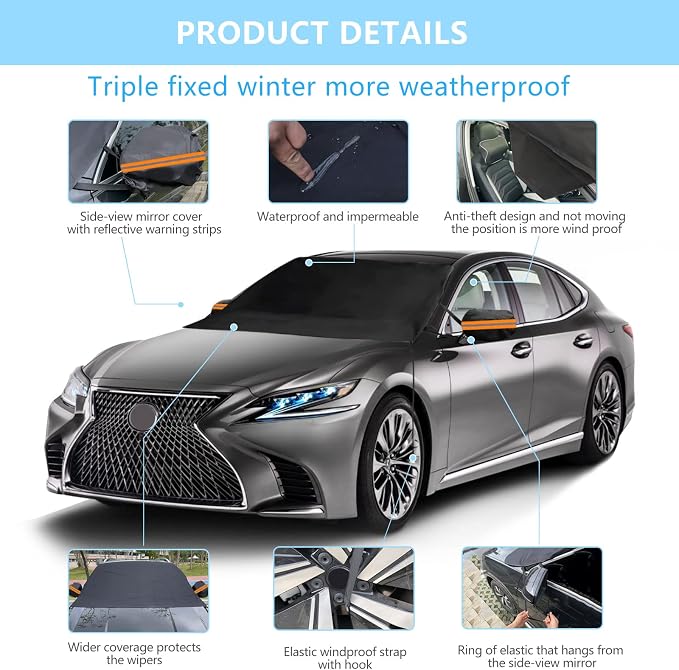 Windshield Cover for Ice and Snow, Thicken Extra Large Size Car Windshield Snow Cover with Side Mirrors Cover, Winter Windshield Covers Windproof Covers Fits Most SUVs Trucks (82.8"x 47")
