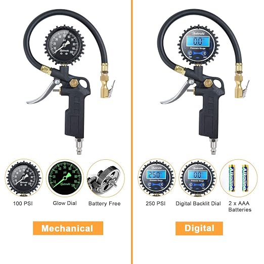 Tire Pressure Gauge with Inflator, 100 PSI-ANSI B40.1 Accurate, Large 2.5" Easy Read Glow Dial, Heavy Duty Air Chuck and Compressor Accessories for Truck, with Case