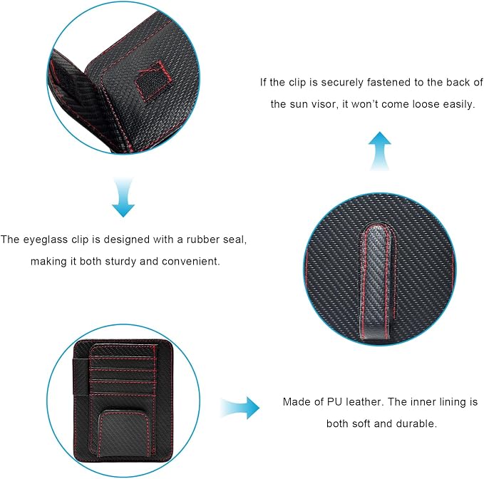 Car Sun Visor Organizer, Leather Auto Visor Card Holder with Sunglasses Clip, Multifunctional Sunvisor Storage Pouch Vehicle Interior Pocket for Driving License Pen Ticket (Carbon Fiber & Red)