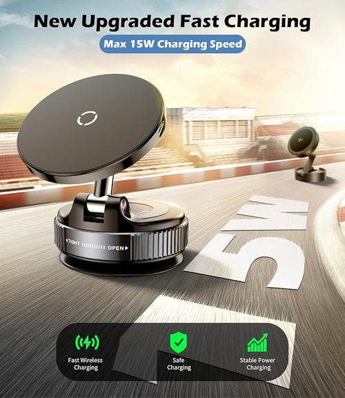 15W Wireless Charger Magnetic Car Phone Holder [Vacuum Suction Cup] 360° Adjustable & Foldable Car Mount for Dashboard/Windshield/Smooth Surface [Compatible with MagSafe] for iPhone/Samsung