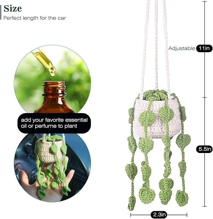 Cute Crochet Plant for Rear View Mirror, Boho Handmade Car Mirror Hanging Accessory for Women & Girls, Green Interior Aesthetic Decor Truck Hanger Ornament Charm