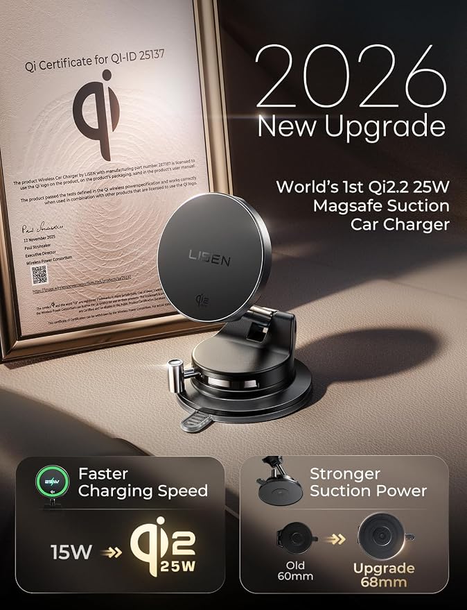 Qi2.2 25W MagSafe Car Mount Charger, Magnetic Wireless Car Charger with 54W Adapter, Magnetic Phone Holder for Car, iPhone Car Mount, Vacuum Suction Cup Phone Mount for iPhone 17 16 15 14 13 12 | [Qi2.2 25W Fast Charging] Magsafe Car Mount, [Easy...