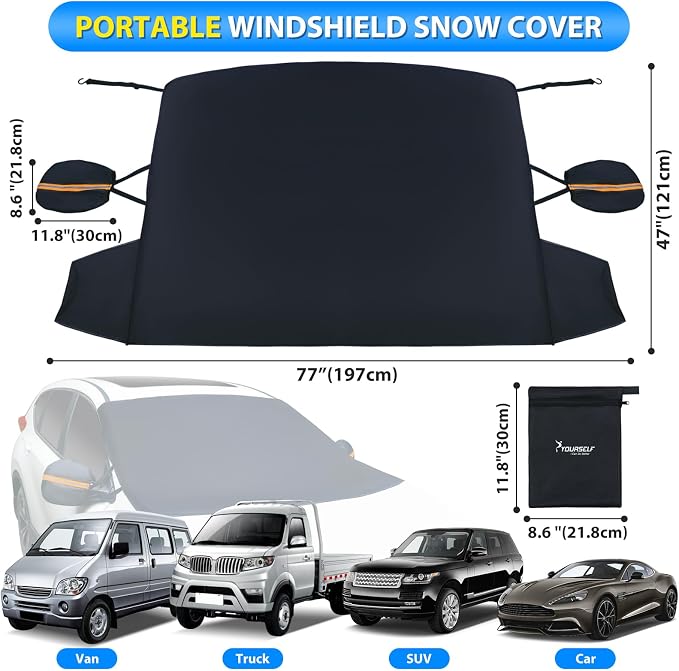Windshield Cover for Ice and Snow, 600D Oxford Windshield Snow Cover with Side Mirror Covers Magnetic Car Cover for Snow Frost Winter Windshield Covers Fits Car Truck Van SUV (77x 47 Inches)