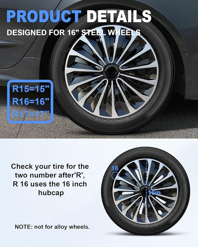 Hubcaps,16 inch hubcaps Set of 4, Wheel Rim Cover ABS Material, Snap On Car Truck SUV Replacement, for Toyota Camry Nissan Mazda etc, Black&Silver