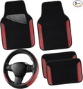 Faux Leather Steering Wheel Cover and Waterproof Car Floor Mats, Universal Car Combo Fit for 95% Sedan,SUV,Cars, 14.5-15inch Sporty Anti-Slip Safety Comfortable Design Burgundy