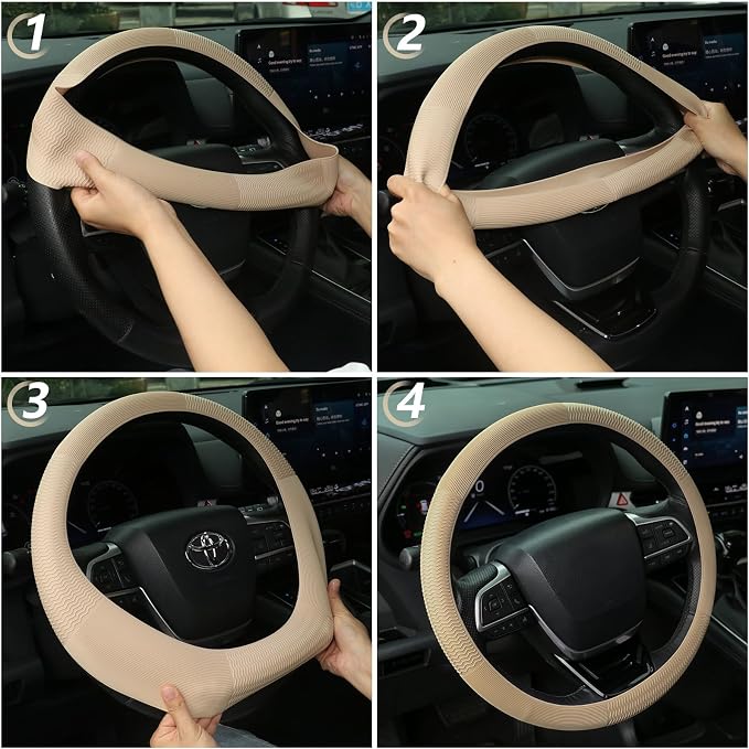 Car Steering Wheel Cover for Women, Soft Silicone Wavy Stripe Texture Auto Interior Accessories, Universal Fit 14 15 16 Inch Round & D-Shape Wheels, Cream Beige