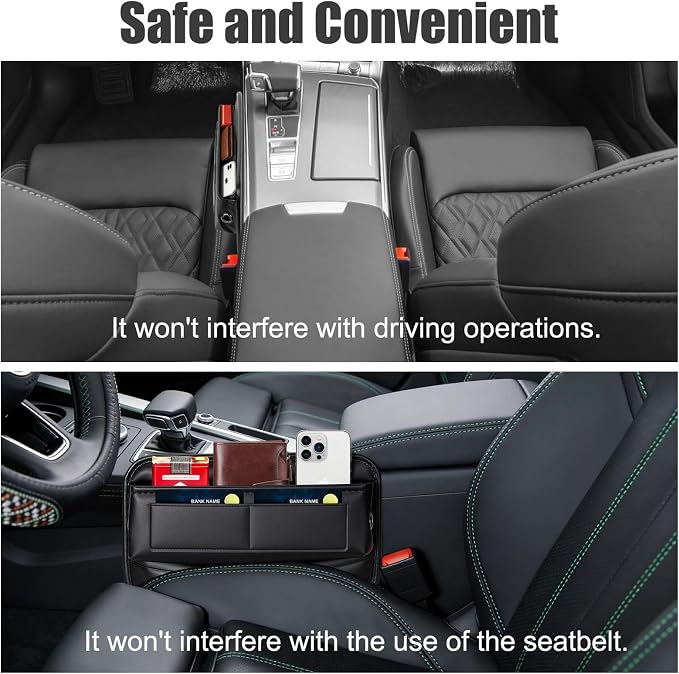 Car Seat Gap Filler Organizer, Universal Premium Leather Car Gap Filler with Card Slots for Front Seat Between Car Seat and Console Hold Phone, Sunglasses, Keys, fit for Car Suv Truck (2)