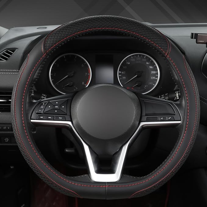 Customized Auto Car Steering Wheel Cover for Nissan,D Shaped Steering Wheel Cover for Rogue,Altima,Kicks (D-Shaped-Black+Red Line)
