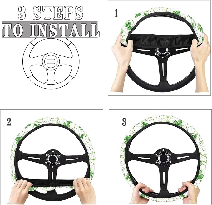 Sports Style Car Steering Wheel Cover St.Patrick's Day Shamrock Green Pattern Vehicle Wheel Protector Auto Wheel Cover Steering Wheels Accessories Universal Fit Car Truck Van SUV