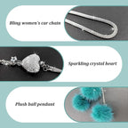 Bling Diamond Heart Car Interior Accessories, Car Mirror Hanging Ornament for Women, Love Heart & Pink Plush Ball Decor Ornament Pendant (Peacock Blue)