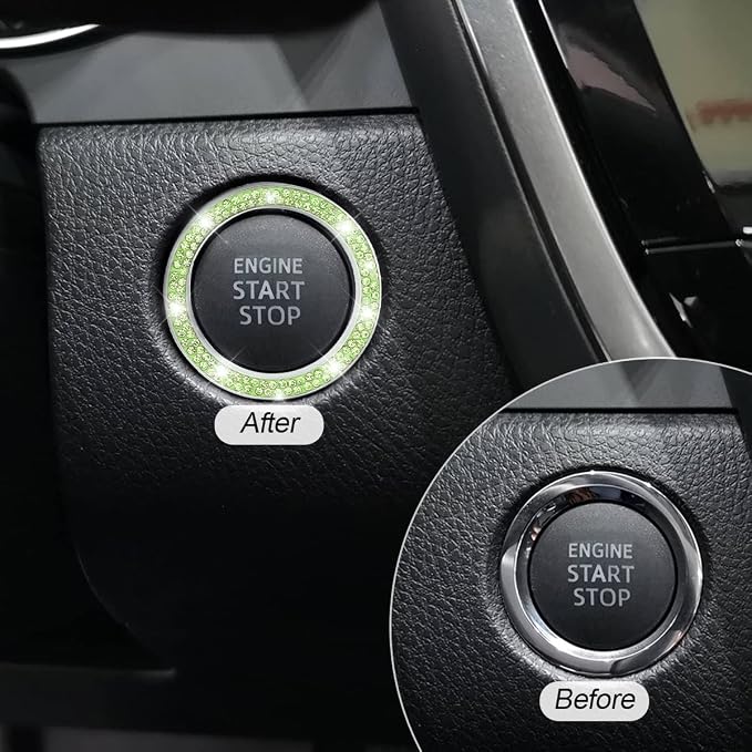Car Bling Crystal Rhinestone Engine Start Ring Decals, 2 Pack Car Push Start Button Cover/Sticker, Key Ignition Knob Bling Ring, Sparkling Car Interior Accessories(Double Light Green)