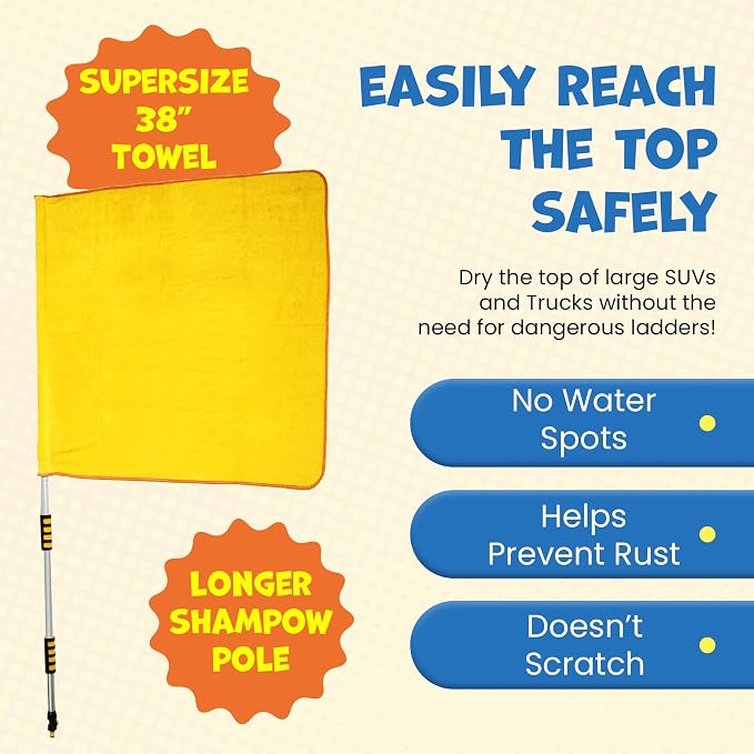 ShamPow XL 38"x 34" Car Drying Towel with Pole, Streak Free, Lint Free, Reusable - Car Accessories, Bath Towels, Microfiber Cleaning Cloth for Car, Truck, SUV - One Pass is All You Need