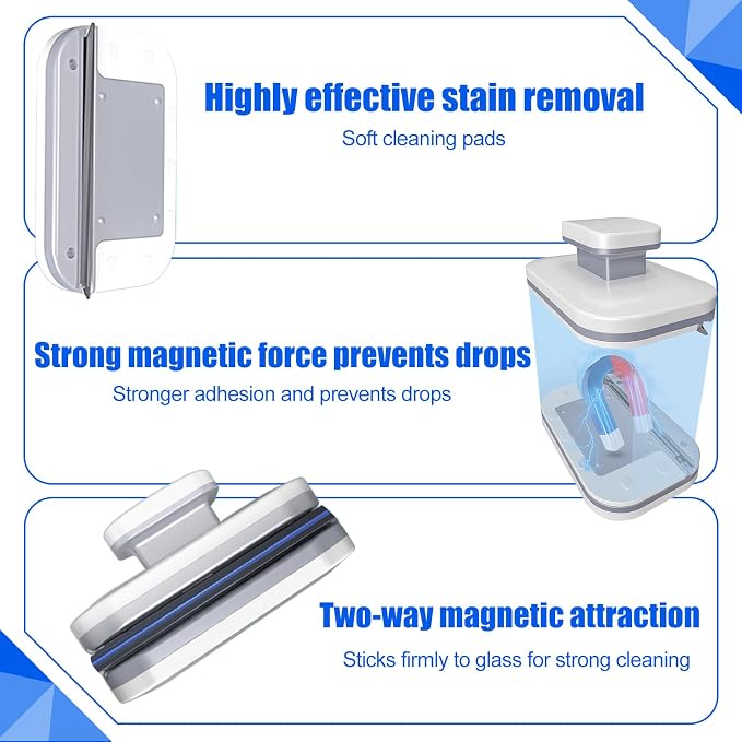 Magnetic Window Cleaner, Windshield Magnetic Car Window Cleaner Tool with Anti-Falling Rope, Track Cleaner and Dustpan Cleaning Brush, for Glass Thickness 3-10mm