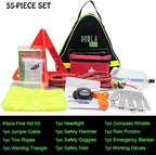 Auto Emergency Kit, 55-Piece Car Emergency Roadside Kit with Jumper Cables, First Aid Kit, Safety Hammer, Goggles, Tow Ropes and More Ideal Car Essential Accessories for Women and Men