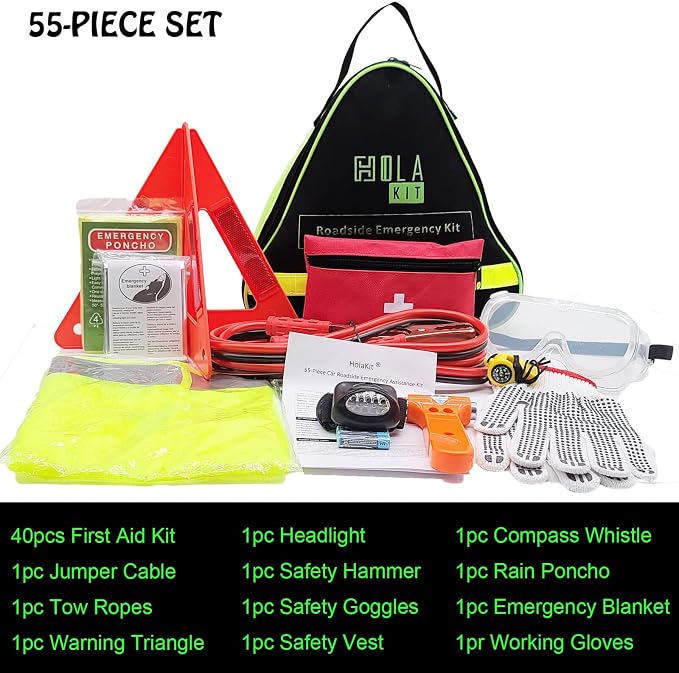 Auto Emergency Kit, 55-Piece Car Emergency Roadside Kit with Jumper Cables, First Aid Kit, Safety Hammer, Goggles, Tow Ropes and More Ideal Car Essential Accessories for Women and Men