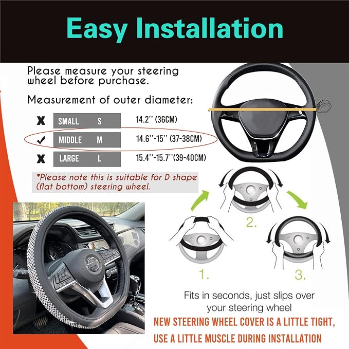 D Shaped Bling Comfy Steering Wheel Cover with Jumbo Crystal Rhinestones, Anti-Slip Diamond Leather, Flat Bottom 14.5-15 Inch (Black)