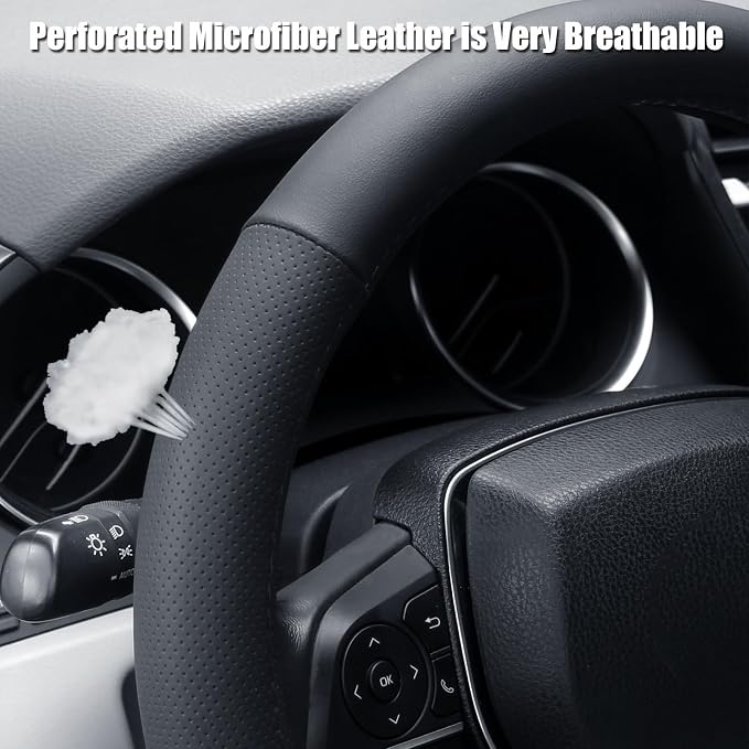 Steering Wheel Cover Standard Size 14.5-15 inch, Non-Slip Car Wheel Cover Protector, Non-Folding Packaging, Microfiber Leather, Black