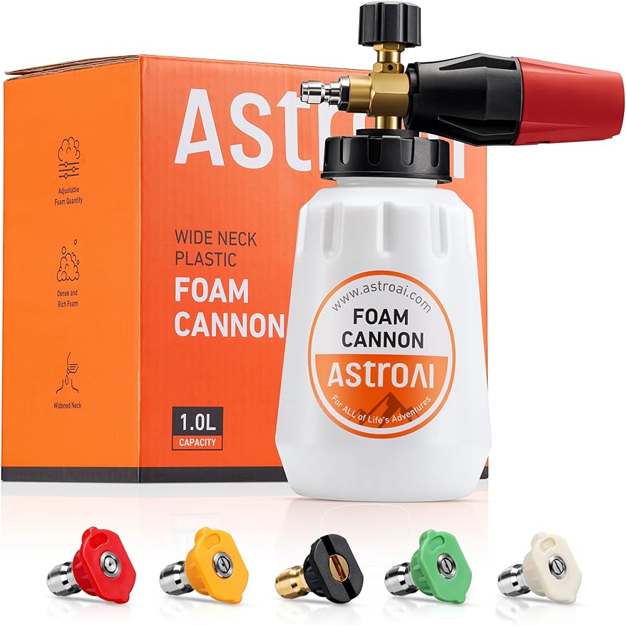 Foam Cannon, Heavy Duty Car Foam Sprayer Attachments, Wide Neck Adjustable Snow Foam Lance and Thick Foam for Pressure Washer Car Wash, 1/4" Quick Connector, 1L Bottle & 5 Nozzle Tips