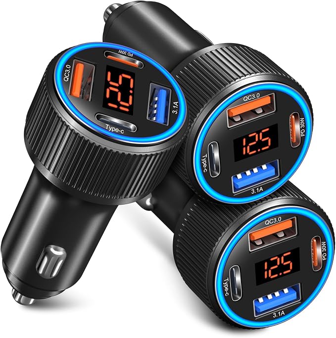 USB C Car Charger 3 Pack, 65W 4 Port Car Power Adapter with Voltmeter PD 30W/QC 3.0 Fast Charging Cigarette Lighter USB Charger Plug for iPhone 16/15/14/13/12/11 Pro Max/Pad,Android(Black)