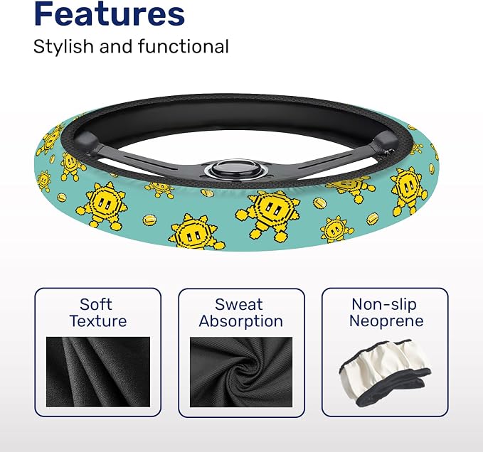 Yellow Retro Game Star Steering Wheel Cover, Non-Slip Polyester Wheel Grip, Universal 15 Inch Car Accessory