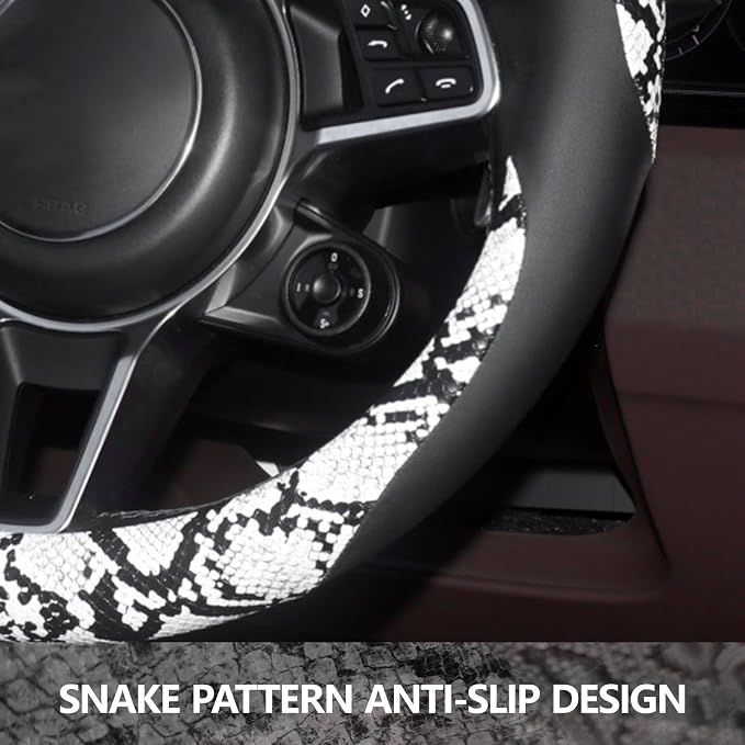 Snake Skin Steering Wheel Cover Leather 14.5-15 Inch, Reversible Car Steering Wheel Cover for Women Men, Anti-Slip Design, Universal Fit for Cars, SUVs, Black&White