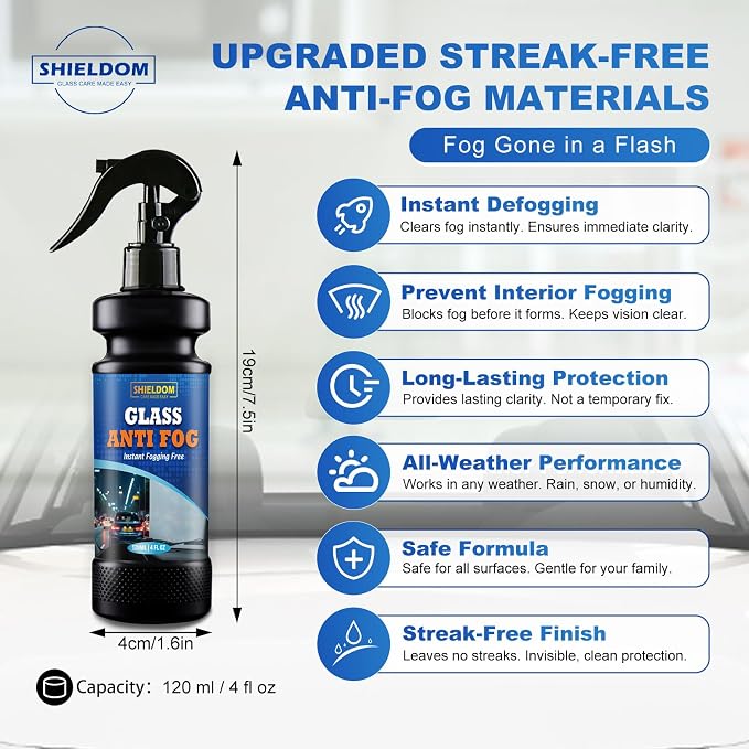 Anti-Fog Spray for Glass Car Windshield Defogger Prevents Fogging of Interior Glass, Mirrors, Windows, Shower Door with Defogging & Cleaning Sponge, Towel 4oz/120ml