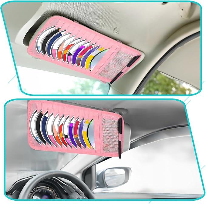 Trinkrittey CD Holder for Car Visor, Vehicle Sun Visor Organizer Large Capacity with 12 DVD Storage Sleeves 1 Mesh Pocket 1 Pen Holder and Elastic Strap