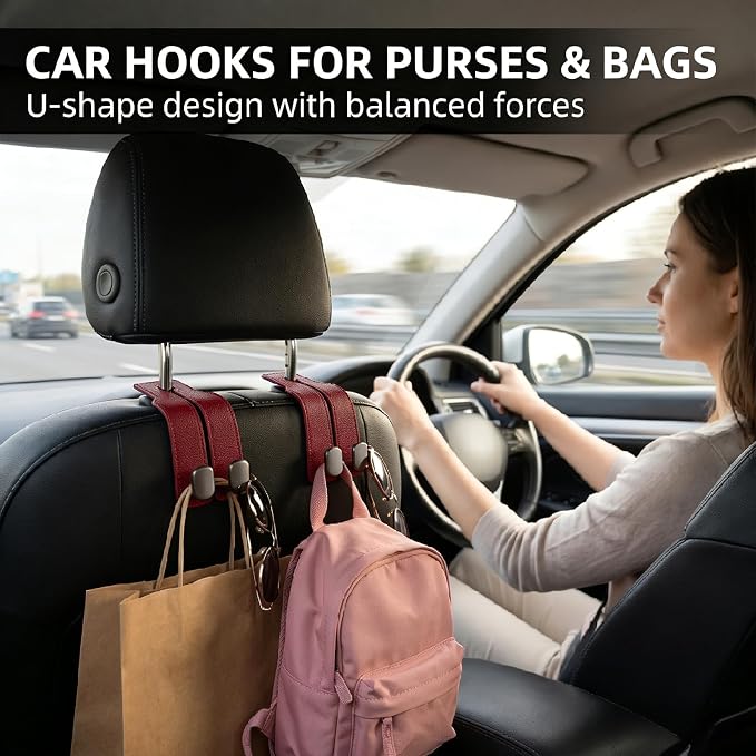 Car Seat Headrest Storage Hooks - 2 Pack Dual Hangers Design Organization Accessories, Car Interior Gadgets to Add Extra Holder and Hook for Purses,Bags,Coat and Handbag