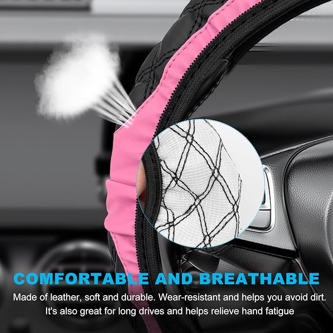 Car Steering Wheel Cover, 15 Inches Non-Slip Leather Steering Wheel Protector, Universal Soft Cover Mats for Car Truck SUV, Interior Car Accessories (Pink)