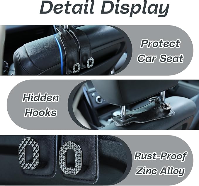 Car Headrest Hooks Universal Car Purse Hook Premium Leather and Alloy Twin Hook Car Seat Back Storage Hanger Hook for Purse Bags Cloth Drink Durable Holder Car Accessories (BH09-Black-Black-4 Pcs)