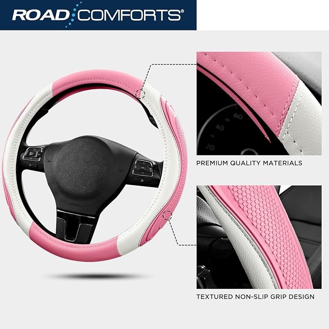 Car Steering Wheel Cover - Microfiber Leather Steering Wheel Wrap Sports 14.5-15 Inch Steering Wheel Cover Non-Slip for Men Women Pink & White Color
