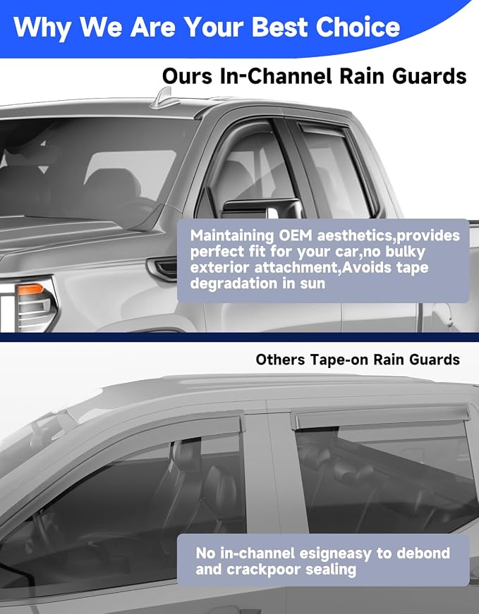 in-Channel Rain Guards Fit for Truck 2019-2026 Chevy Silverado 1500/GMC Sierra 1500 Double Cab, Window Rain Guards Visors Vent Visors Window Deflector Vent Shades Car Accessories -4 pcs