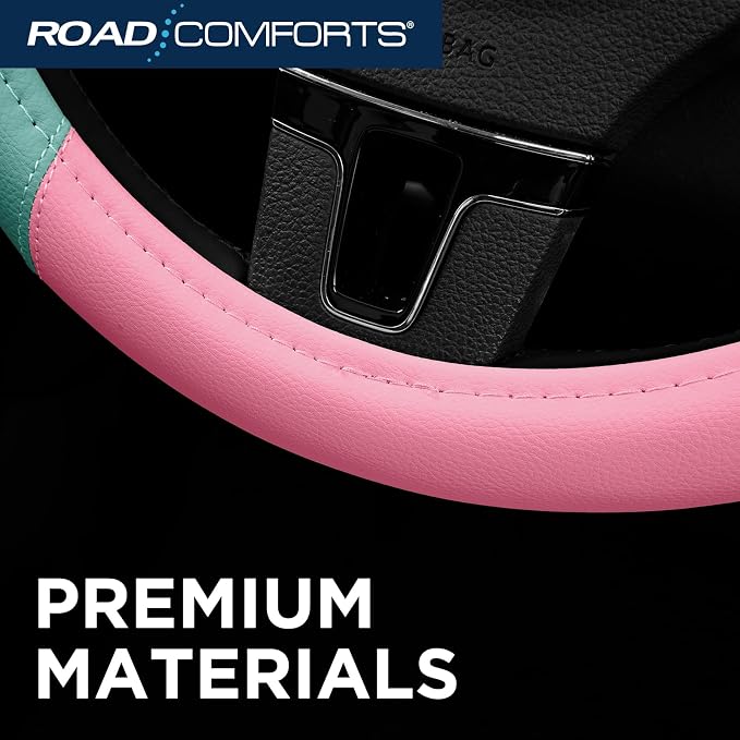 Car Steering Wheel Cover - Microfiber Leather Steering Wheel Wrap Sports 14.5-15 Inch Steering Wheel Cover Non-Slip for Men Women Pink & Green Color