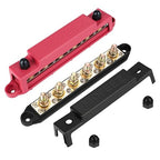 Power Distribution Block Bus Bar, 6 x 3/8" Posts, 10 x #8 Screws Terminals, Max 48V 250A (Pair, Red & Black)