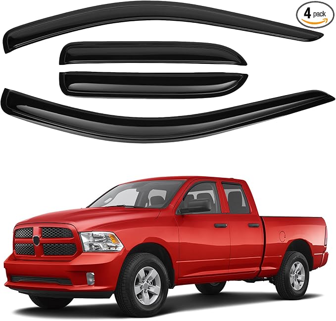 Ram Rain Guards - Window Visors for 2002-2008 Dodge Ram 1500/03-09 Ram 2500/3500 Quad Cab,Outside-Mount Tape-On Side Window Wind Deflectors for Ram Accessories,Vent Visors Shades