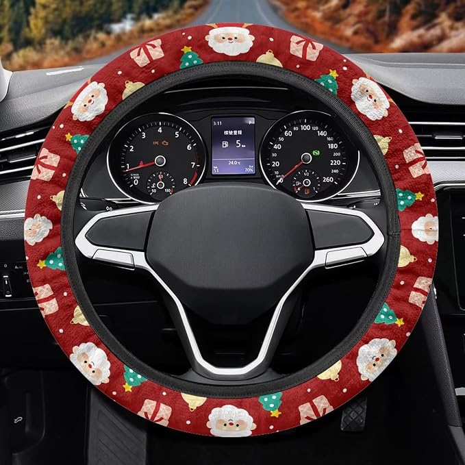 Auto Steering Wheel Covers Anti-Slip Safety Stretch-on 14-15 inch | Santa Claus Red Print, Sweat Absorbing Non-slip, Steering Wheel Protection Case, Machine Washable Elastic Flexible