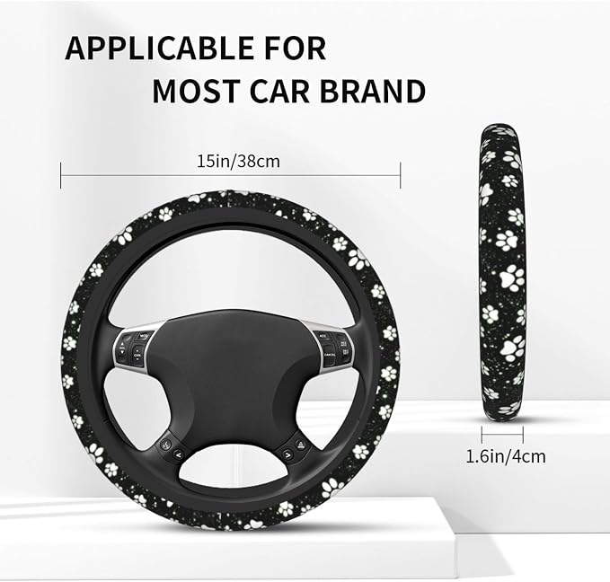 Paw Print Steering Wheel Cover - 15 Inch Black White Dog Paw Steering Wheel Cover Anti-Slip Breathable Universal 2 Pcs Car Interior Cup Holder Pad for Men Women