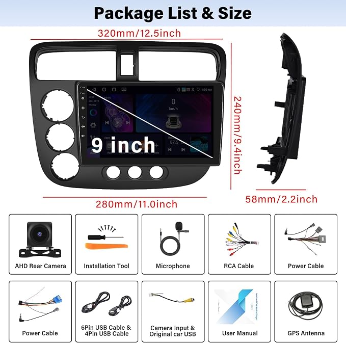 [8 Core 4G+64G] Car Stereo Radio for Honda Civic 2001-2005, 9” IPS 1280 * 720 Touchscreen Unit with Wireless Carplay Android Auto,Bluetooth-5.0 Mirror Link GPS WiFi 59-UI,32-EQ DSP SWC Rear Camera