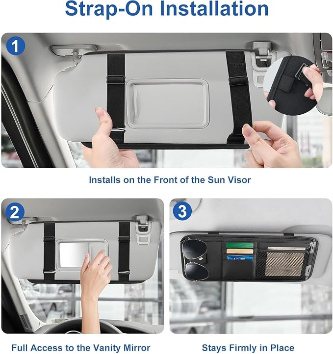 Car Visor Organizer for Ford Mustang 2024 2025 2026 | Auto Sun Visor Storage Bag Pocket Card Holder Sunglass Clip PU Leather Premium Accessory, 1 Piece