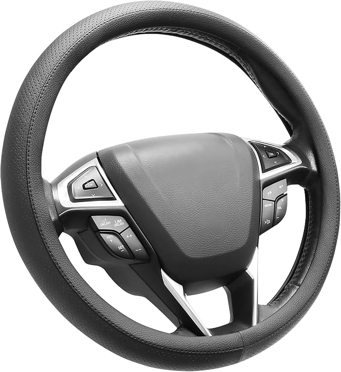 Black Car Steering Wheel Cover Medium Size 14.5-15 inch (37-39 cm), Breathable Microfiber Leather