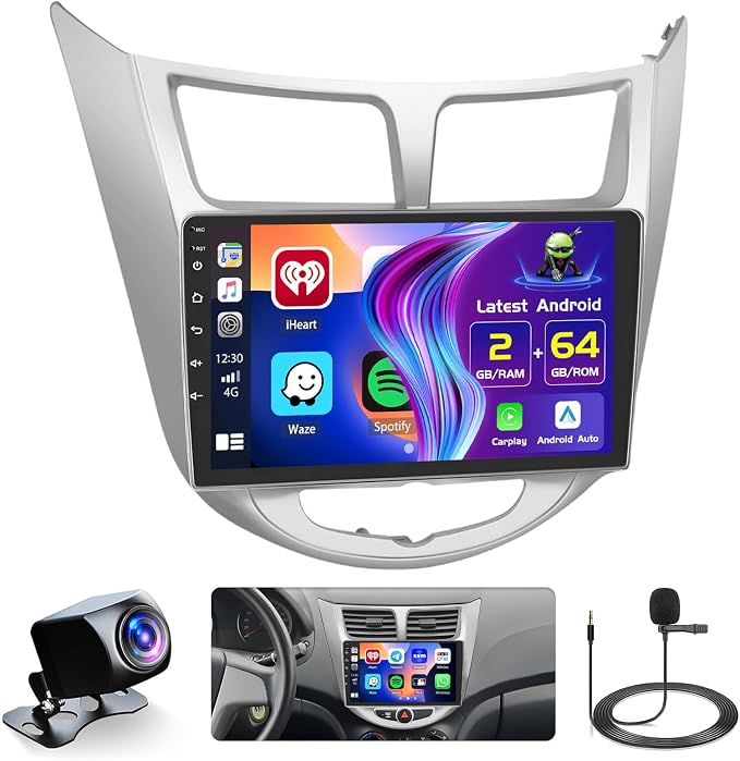 [2G+64G] Android 15 Car Stereo for Hyundai Verna Accent Solaris 2010-2016 Wireless Apple Carplay Android Auto, 9 inch Touch Screen Radio DSP 5G WiFi Bluetooth GPS FM RDS +Free AHD Backup Cam