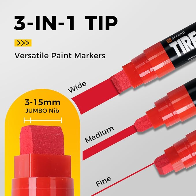 Jumbo Tire Marker White Red Yellow Blue - 8 Pack 15mm Wide Tip Paint Pens for Car Tires Lettering, Large Capacity Premium Ink Waterproof Colored Permanent Markers