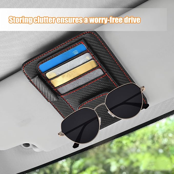 Car Sun Visor Organizer, PU Leather Vehicle Visor Document Storage Pocket for Sunglass Card Pen, Multifunctional Automotive Interior Holder Accessories, Universal Fit (Carbon Black/Red)