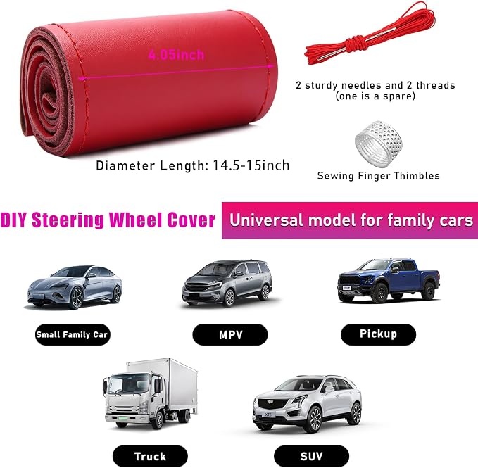 Genuine Leather Steering Wheel Cover, Stitch on Wrap, Breathable Anti-Slip Car Steering Wheel Protector for Max Diameter 15 Inch, DIY Sewing with Needles Thread (Red, Glossy)